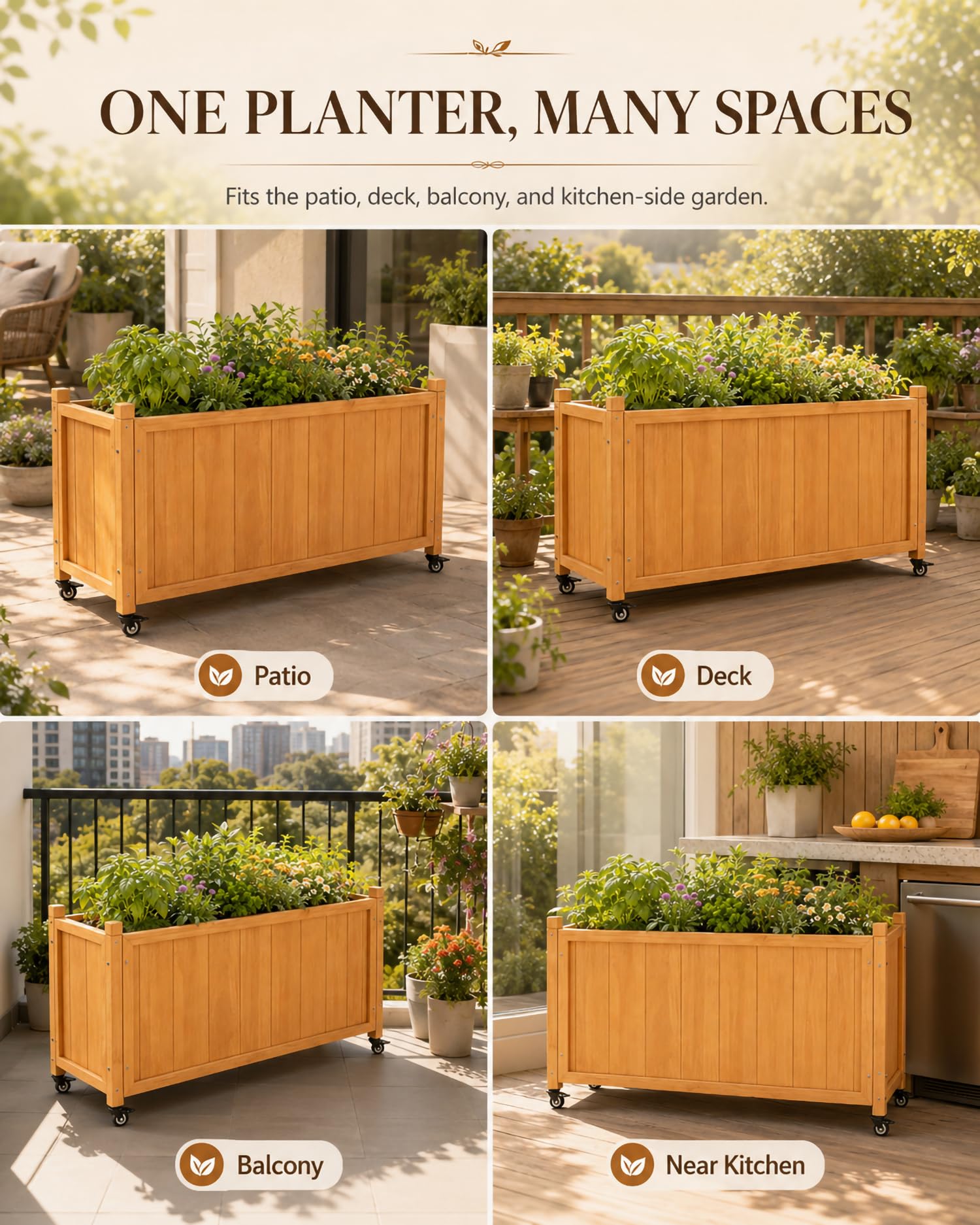 Hochbeet Mit Rollen Aus Dicken Holzpaneelen, Pflanzkasten Für Terrasse Und Balkon, Kräuterbeet Nahe Der Küche Für Kräuter, Blattgrün Und Blumen Im Außenbereich,150*40*40cm/59*15*15in