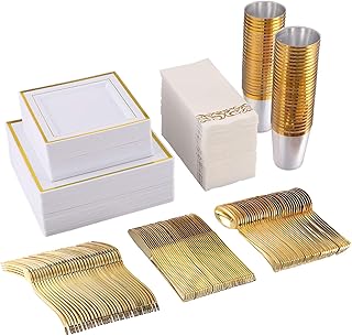 FOCUSLINE 350 Piece Square Dinnerware Set-50 Gold Rim Dinner Plastic Plates-50Gold Rim Dessert Plates-50 Gold Plastic Cup...