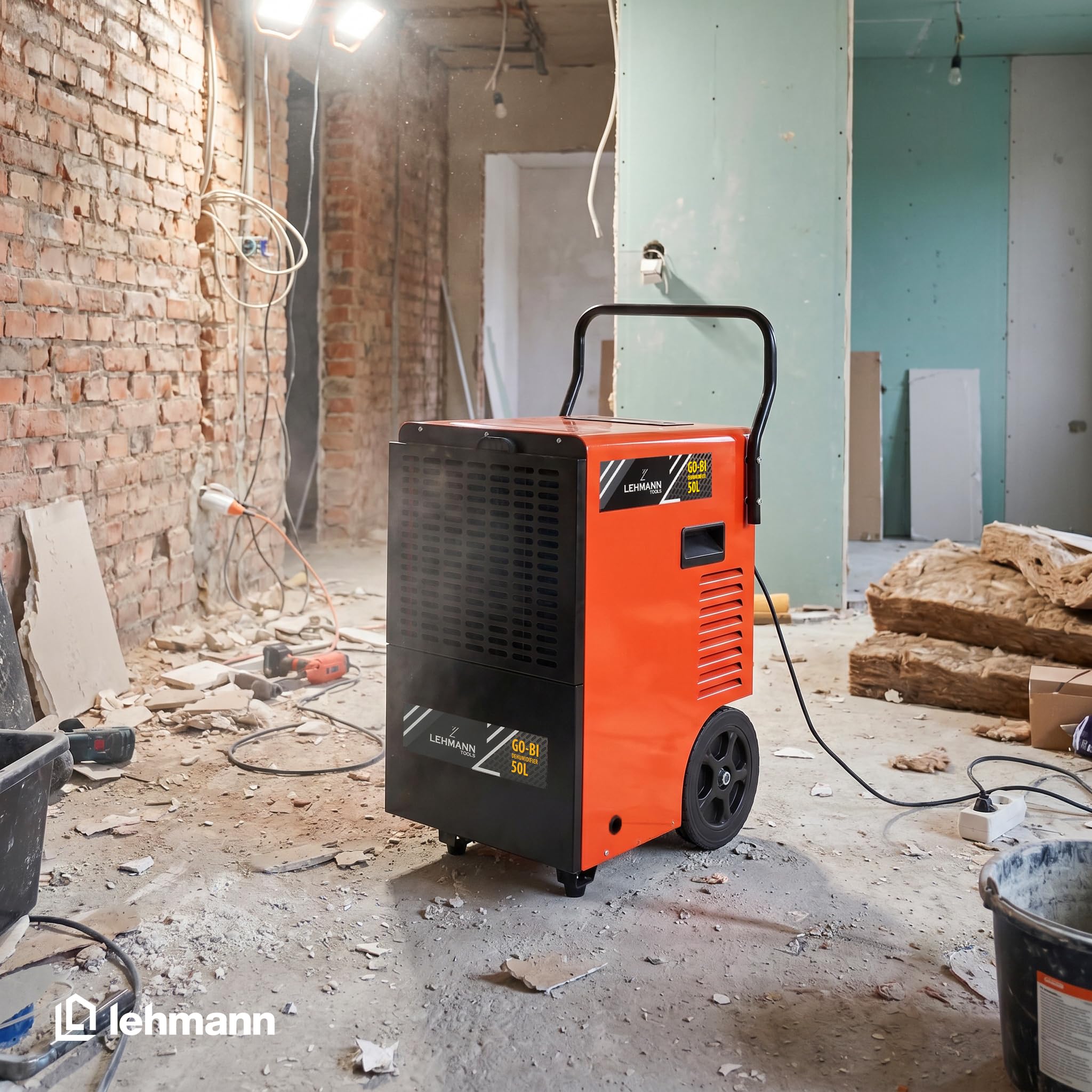 LEHMANN Profi Bautrockner Luftentfeuchter, Entfeuchtungsleistung 50 L/Tag, Fläche bis 120 m²/300 m³, Industrie Entfeuchter mit Timer, 7 L Großwasserbehälte, Geeignet für Keller & Große Räume
