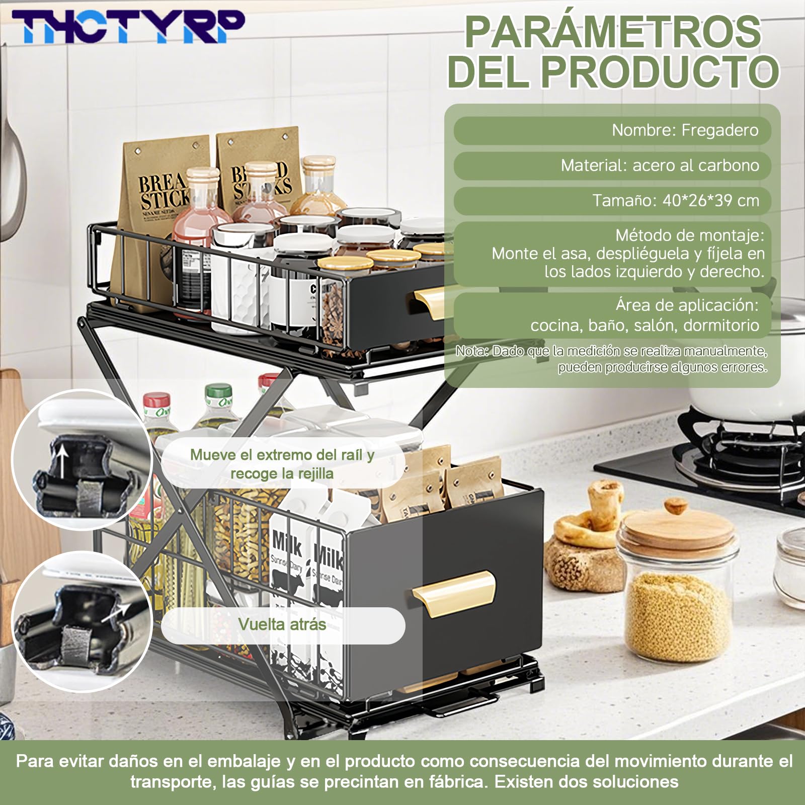 Organizador Bajo Fregadero 2 Niveles Metal Deslizable Negro | Estante de almacenamiento debajo del fregadero para cocina y baño, altura ajustable (40 x 26 x 39 cm)