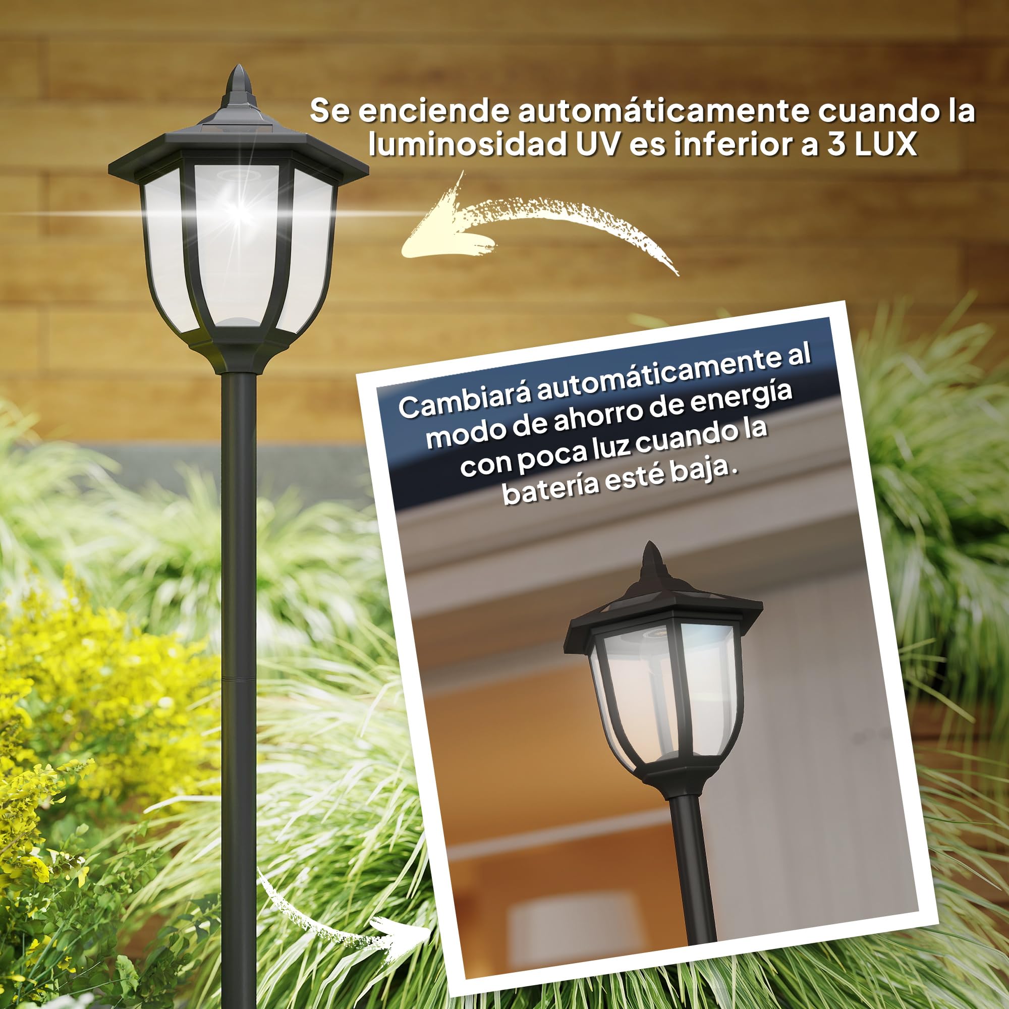 Outsunny Farola Solar con Panel Solar a Cargar Batería Protección al Ambiente 6 LED Perfecto para Noche Encendido Automático Autonomía de 6 Horas Instalar Fácil Negro Ø26,5 x 177cm