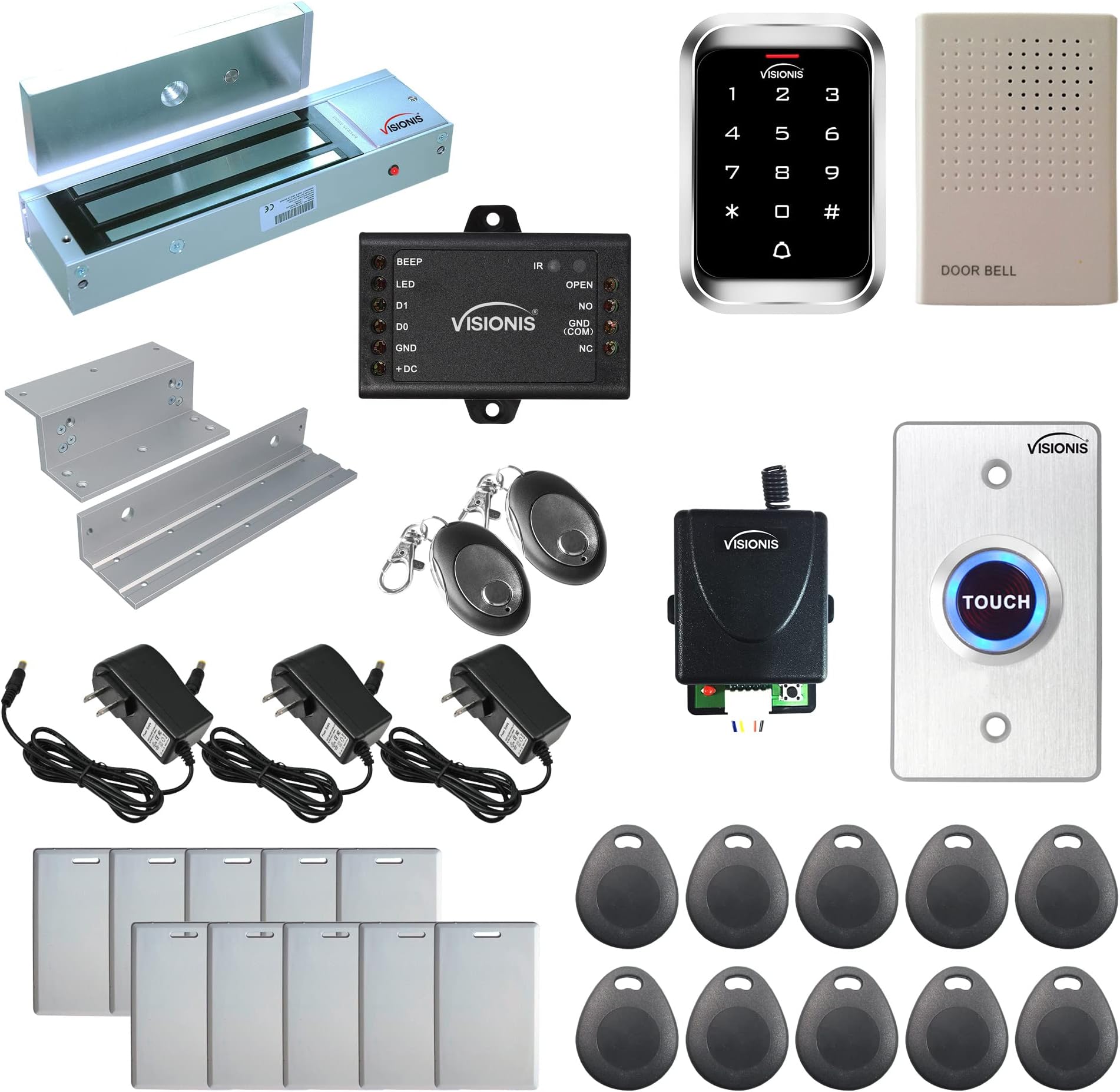 Visionis FPC-5295 One Door Access Control in Swinging Door 1200lbs Maglock + Outdoor Keypad/Reader Standalone + Mini Controller + Wiegand 26, No Software, EM Card, 1000 Users, Wireless Receiver Kit