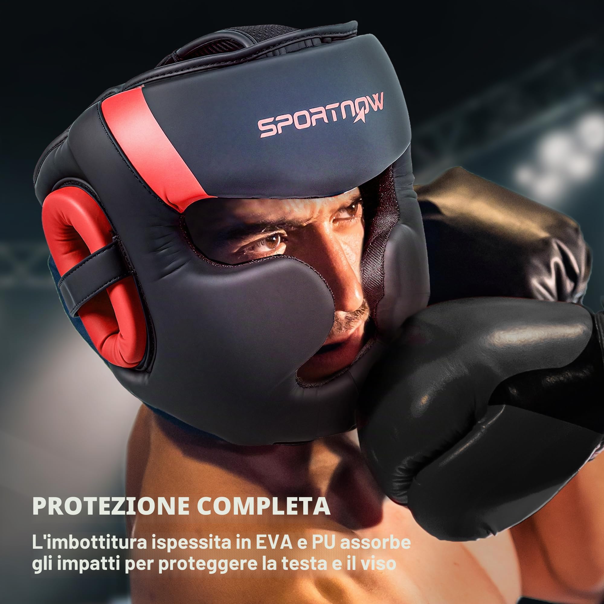 SPORTNOW Protezione testa e casco boxe, cinghia regolabile, Rosso/Nero