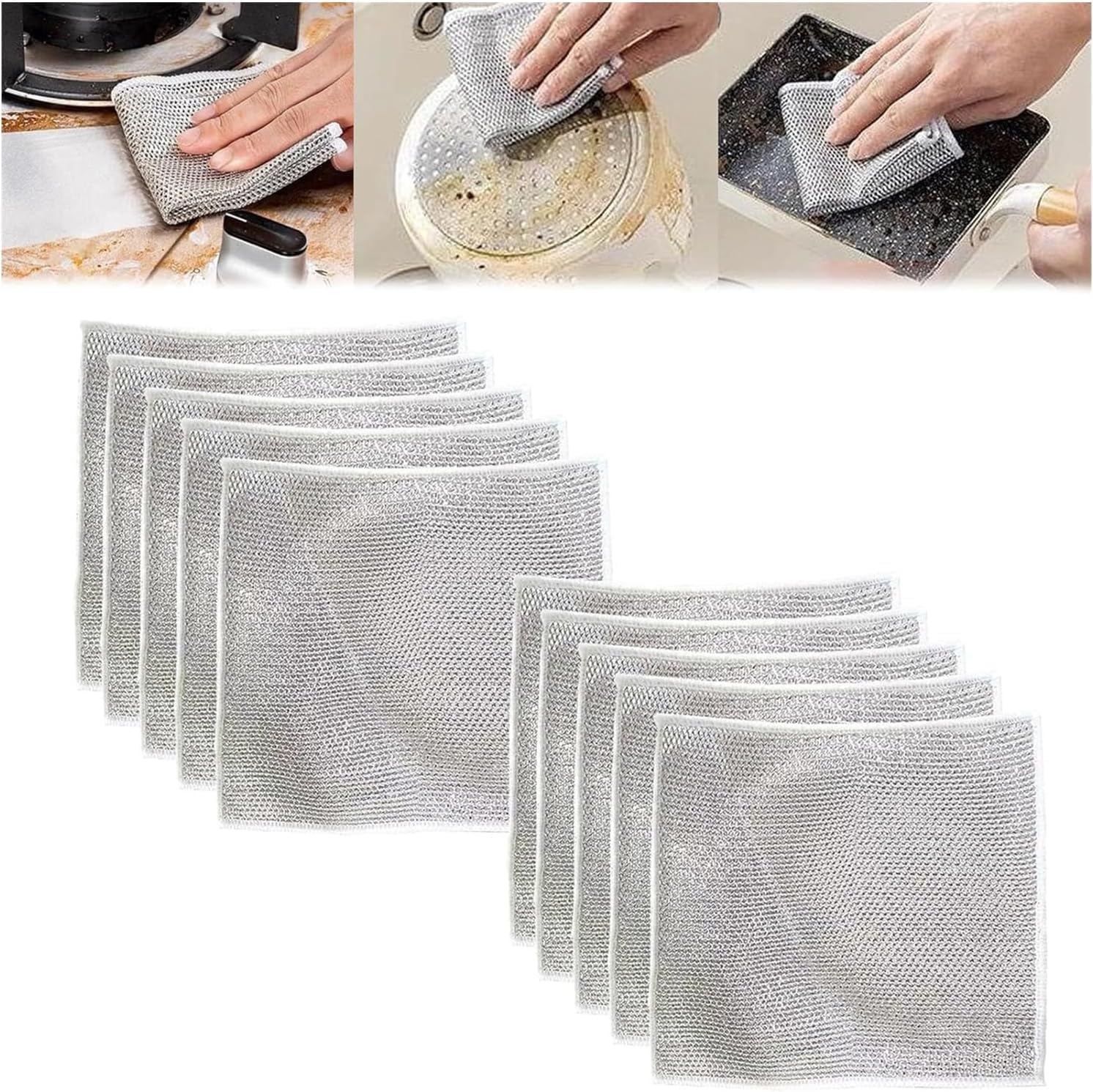 Qoobom 2023 New Multifunctional Non-Scratch Wire Dishcloth, Multipurpose Wire Dishwashing Rags for Wet and Dry, Reusable Kitchen Cleaning Towels Dish Cloths for Kitchen (10Pcs)