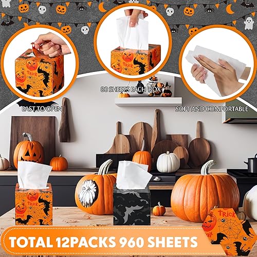 Miniatura 4 de Paquete de 12 pañuelos de Halloween en forma de cubo, pañuelos faciales de 2 capas, pañuelos de viaje suaves para Halloween, caja de pañuelos