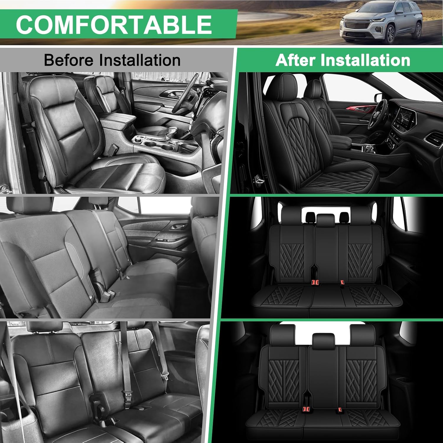 Custom Seat Covers for Chevy Traverse 2018-2025 - 8 Seaters Full Set for Chevrolet Traverse LT,Premier,LS,High Country: Breathable Perforated Faux Leather Seat Covers Traverse Accessories - Black