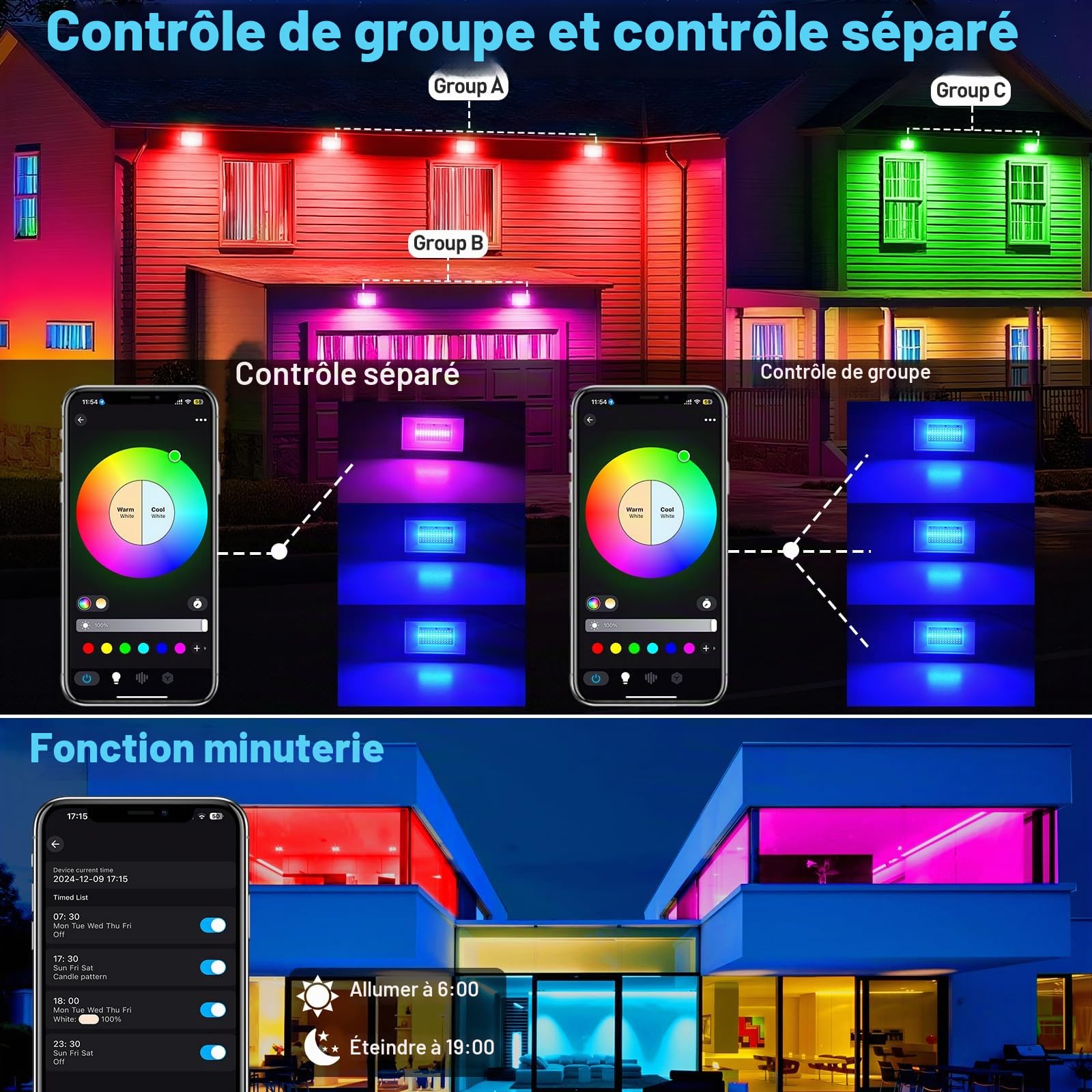Projecteur LED RGB, T-SUNUS 100W Projecteur LED Couleur Extérieur WIFI avec APP Bluetooth et Télécommande, IP66 Etanche pour Fête Party Arbre Noël 2 Pièces