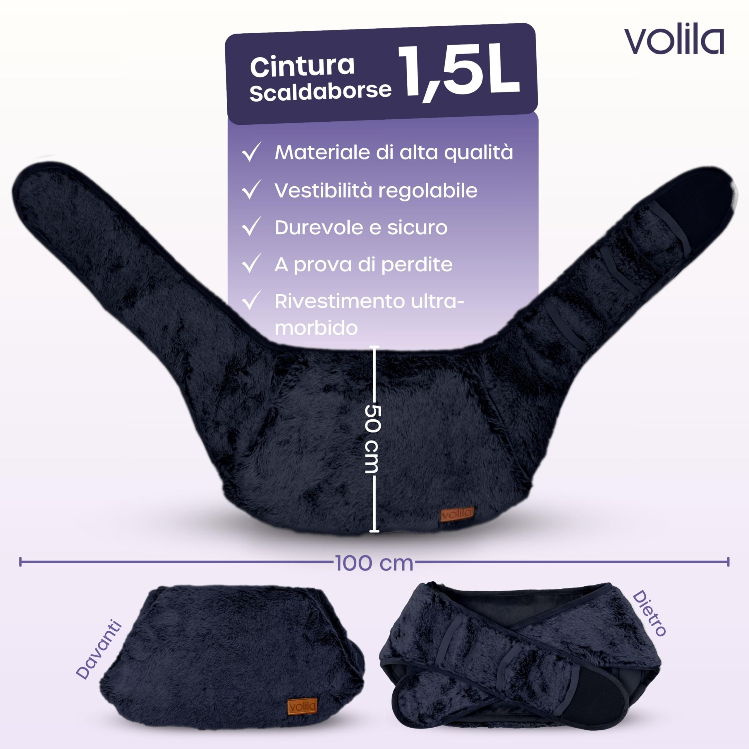 Cintura per Borsa dell'Acqua Calda - Boule Acqua Calda da 1,5 Litri con Copertura in Velluto di Coniglio Grigio - Borsa Acqua Calda di Lusso, Morbida e Indossabile per Dolori Mestruali (Nero)