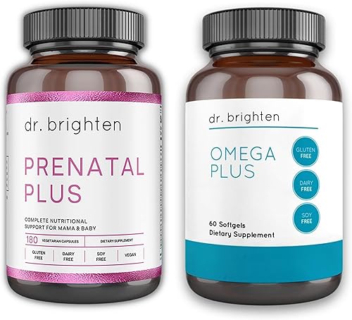 Dr. Brighten Paquete Prenatal Plus y Omega Plus para madres embarazadas o lactantes, sin OMG, sin gluten, sin soja