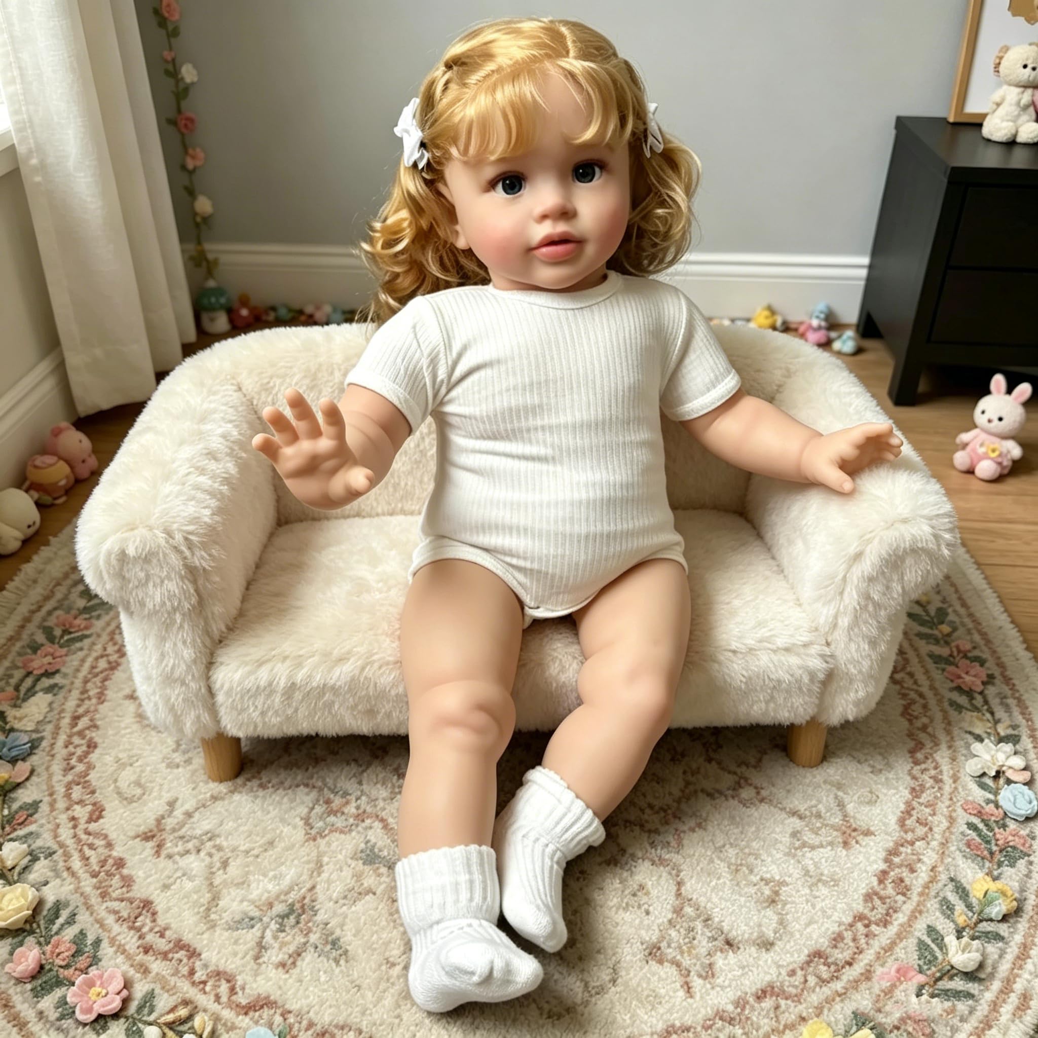 66CM Große Größe Silikon Reborn-Kleinkindpuppen Mädchen Stoffkörper Pippa lebensecht Neugeborenen-Puppe 26 Zoll,Realistische Vinyl Reborn-Babypuppen mit Blondes Haar Spielzeugset