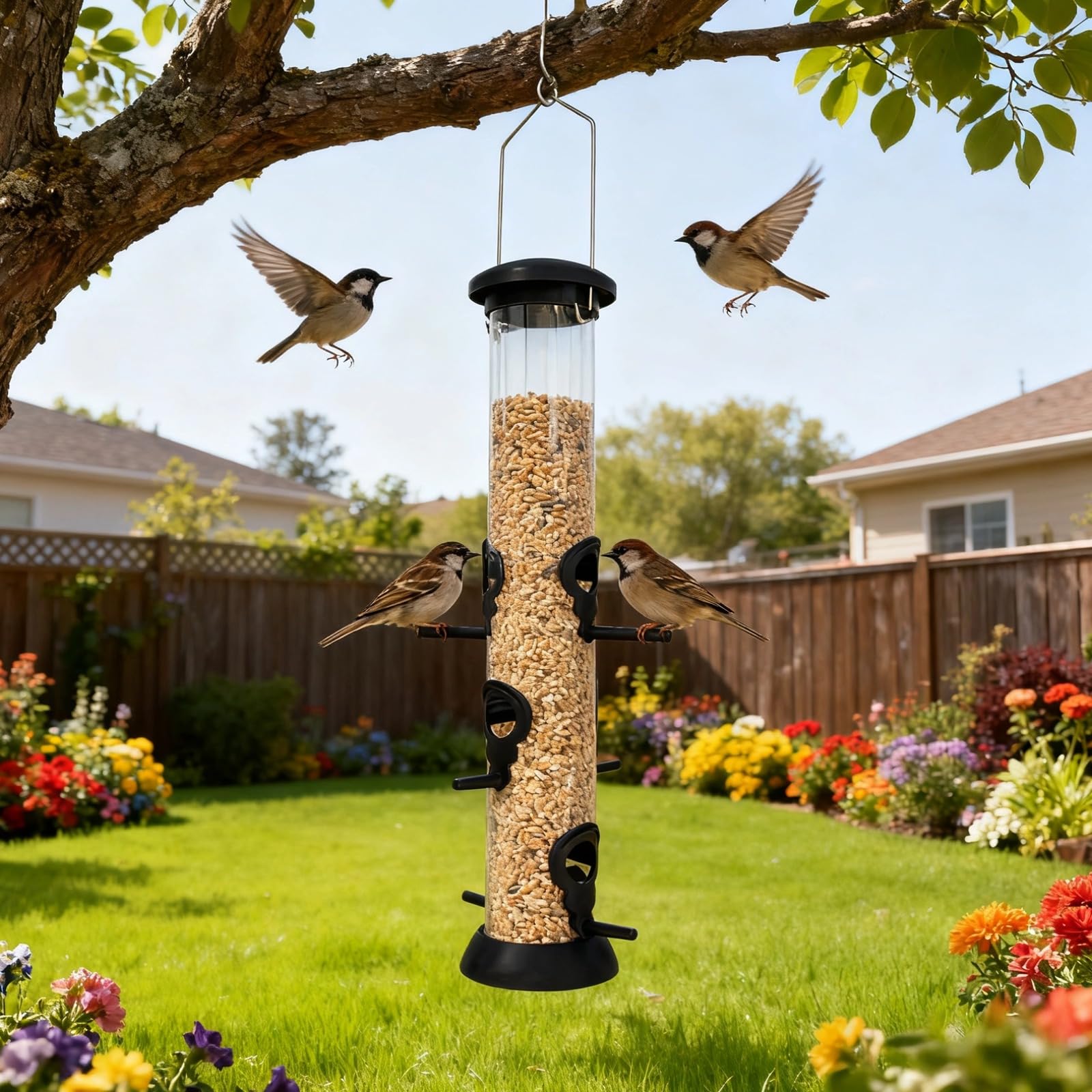 2 STK. Röhren-Vogelfutterspender für draußen, 13,5 x 9 x 50 cm Hängefutterspender für Wildvögel mit 3 Futteröffnungen, Set für Garten und Hof, zum Aufhängen, mit transparenter Röhre