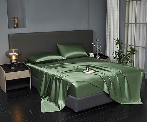 Miniatura 2 de Revdomfly Juego de sábanas de satén de lujo de 4 piezas de tamaño matrimonial, 1 sábana bajera de alta calidad que absorbe la humedad que se adapta