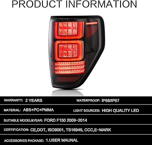 Miniatura 7 de VLAND Conjunto de luces traseras para Ford F-150 2009-2014, montaje de lámpara trasera con señal de giro, luces de reversa, enchufar y usar,