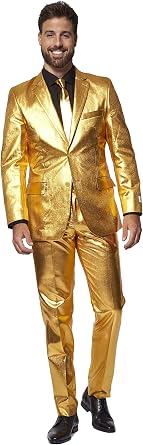 Opposuits Boys Shiny Suit Set Metallic Disco & Gold Party Outfit for Prom, Wedding Blazer, Pants & Tie