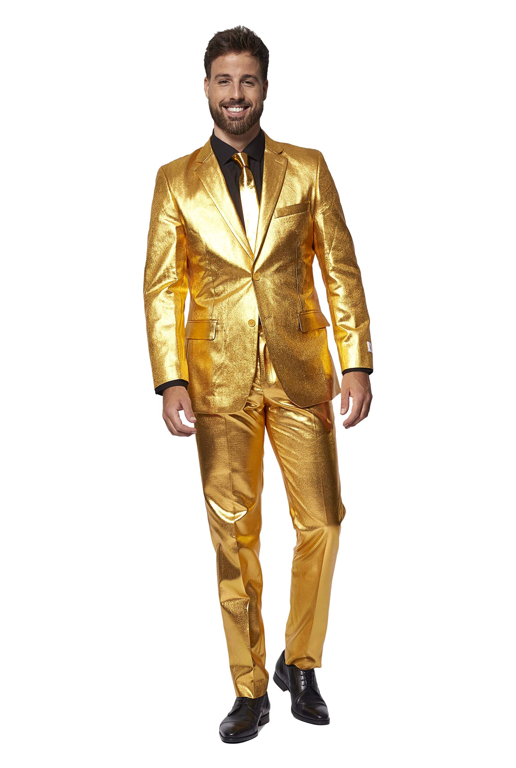OppoSuits Men's Gold Party Suit - New Years and Christmas Party Costume - Golden Metallic - Includes Matching Jacket, Pants & Tie - Size: US 42