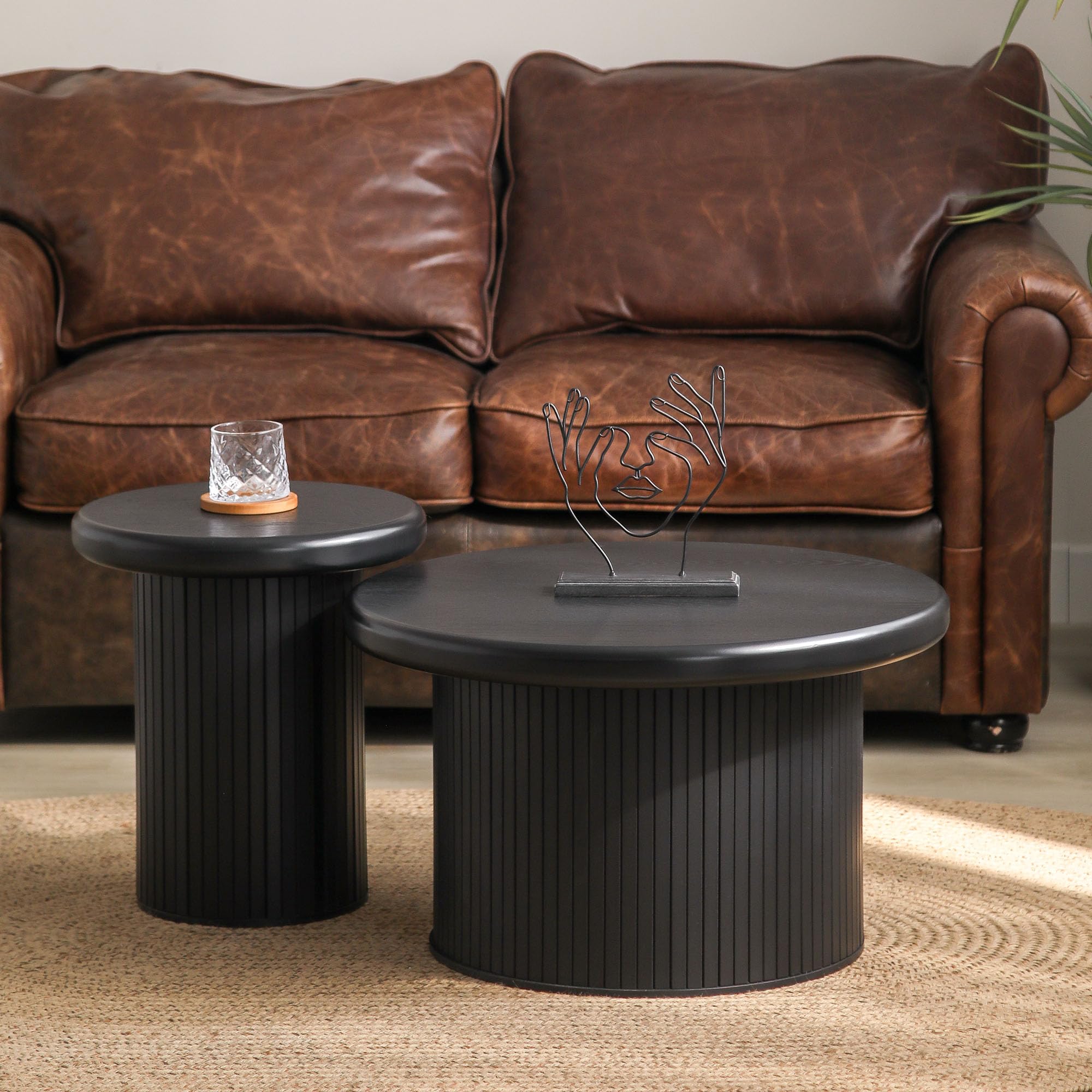 Nesting Coffee Table Set of 2 Modern Round Dual Handcraft Wood Side Accent End Circular Table for Living