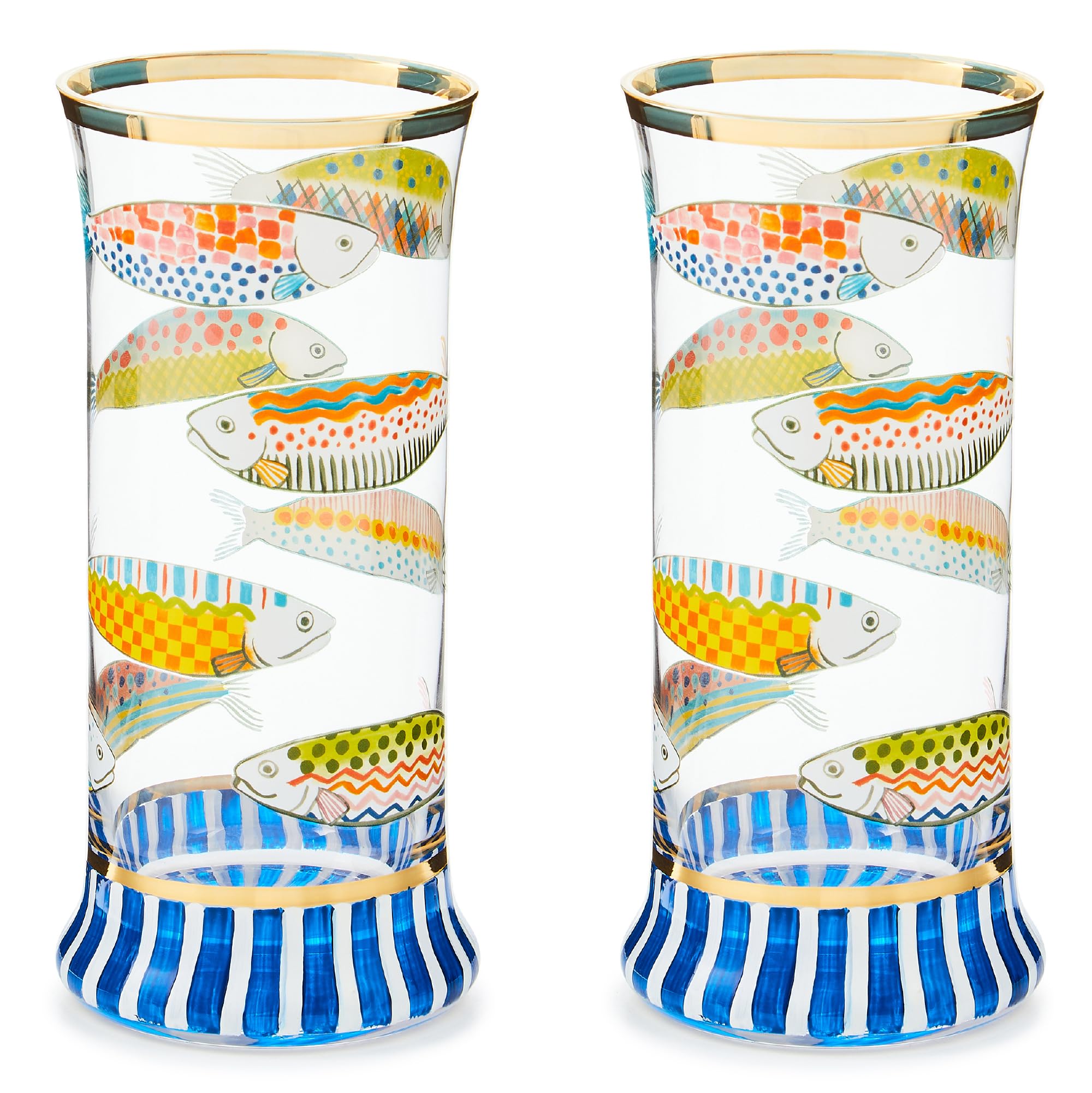 MACKENZIE-CHILDS Highball Glasses Tall Drinking Glasses with Gold Rims 15 Ounces Set of 2 Go Fish