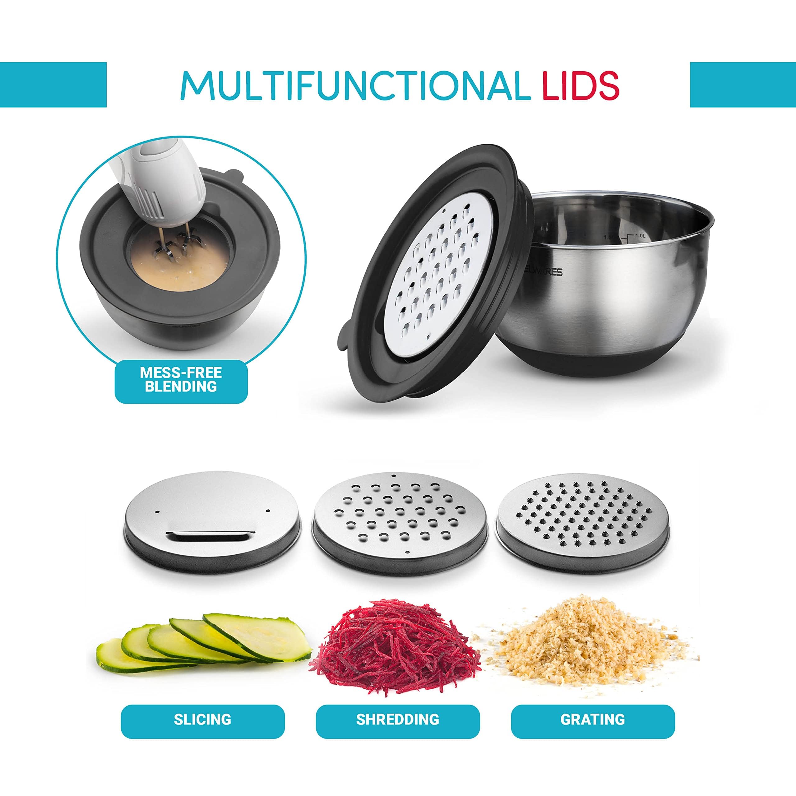 Belwares Rührschüsseln mit Deckel Set - Nistschalen mit luftdichten Deckeln + Reiben - Edelstahl rutschfeste Rührschüssel zum Backen, Aufbewahren von Lebensmitteln und Zubereiten (Khaki, 5-teiliges