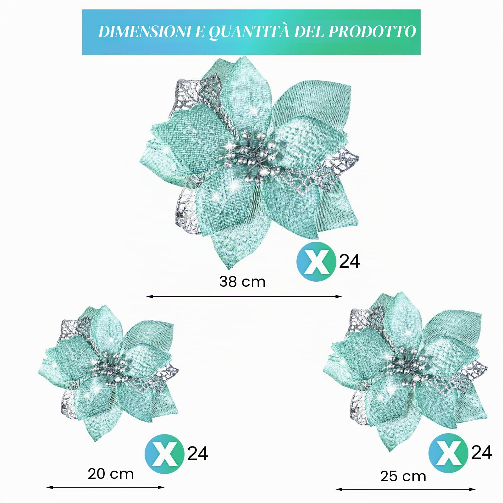 Geosar 72 fiori di stella di Natale artificiali glitterati, 3 dimensioni, ornamenti natalizi per matrimoni, albero di Natale, Capodanno, ornamenti (verde menta)
