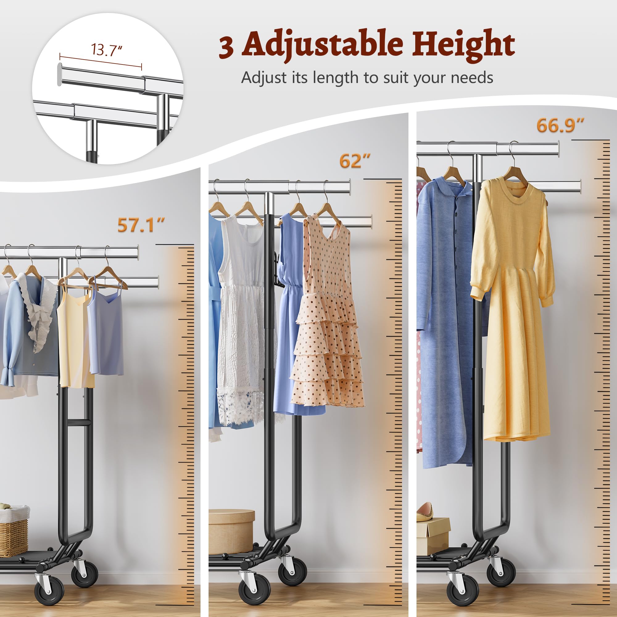FAVOOSTY Appendiabiti A Doppia Barra Su Ruote – Carico 280 Kg, Larghezza Estensibile 106-176 Cm, Nero