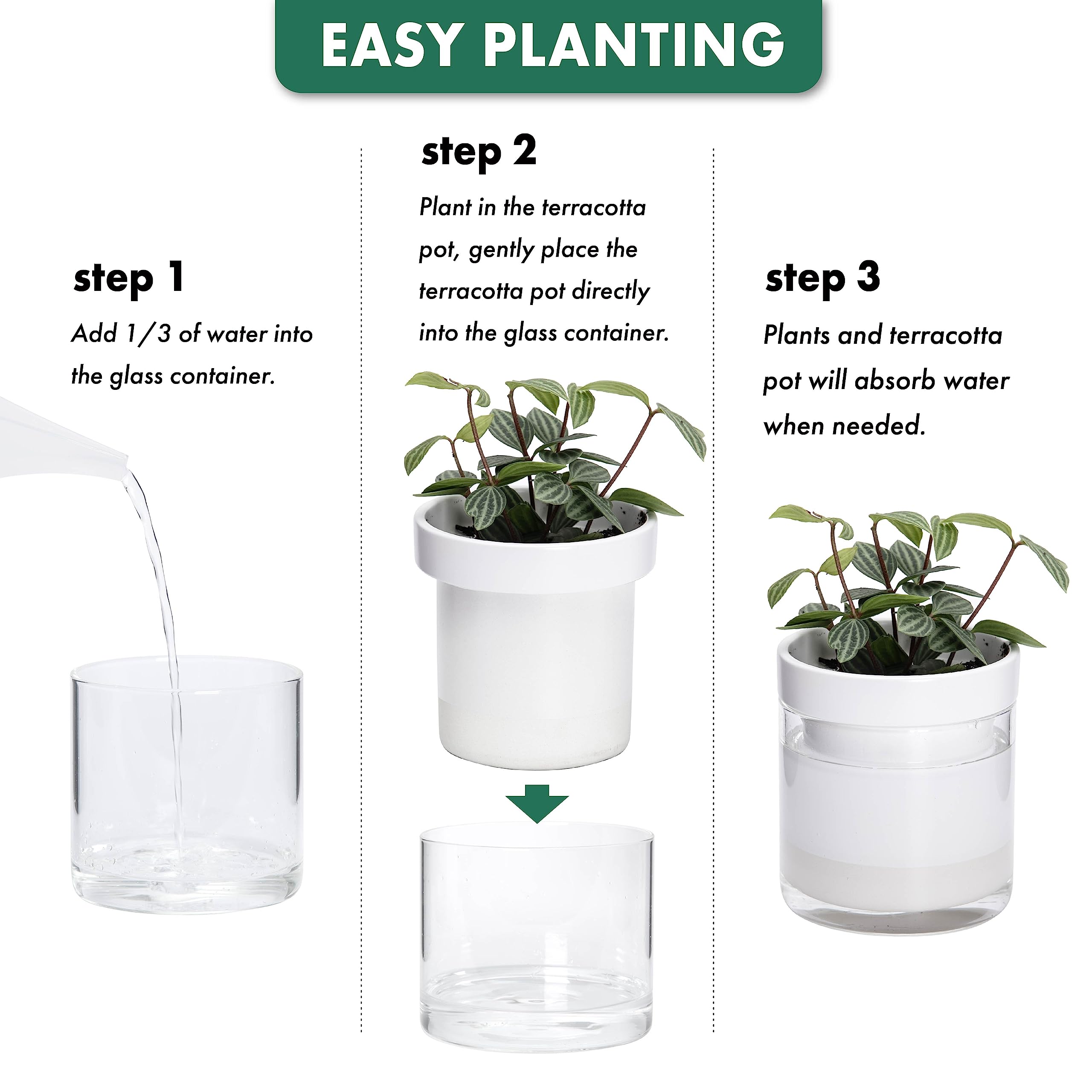Phoenix Vine 10,2 cm selbstbewässernder Pflanztopf aus weißem Terrakotta-Ton, mit Glasspeicher für Zimmerpflanzen, Kräuter, Blumen, 4er-Set, 52-B-E-4
