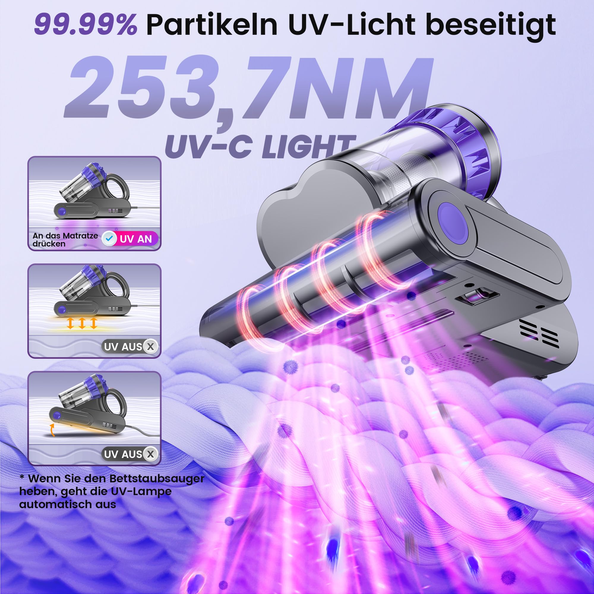 Milbenstaubsauger mit UV-Licht & Heißluft, 16Kpa Saugkraft, 550W, für Matratzen, Sofa, Teppiche