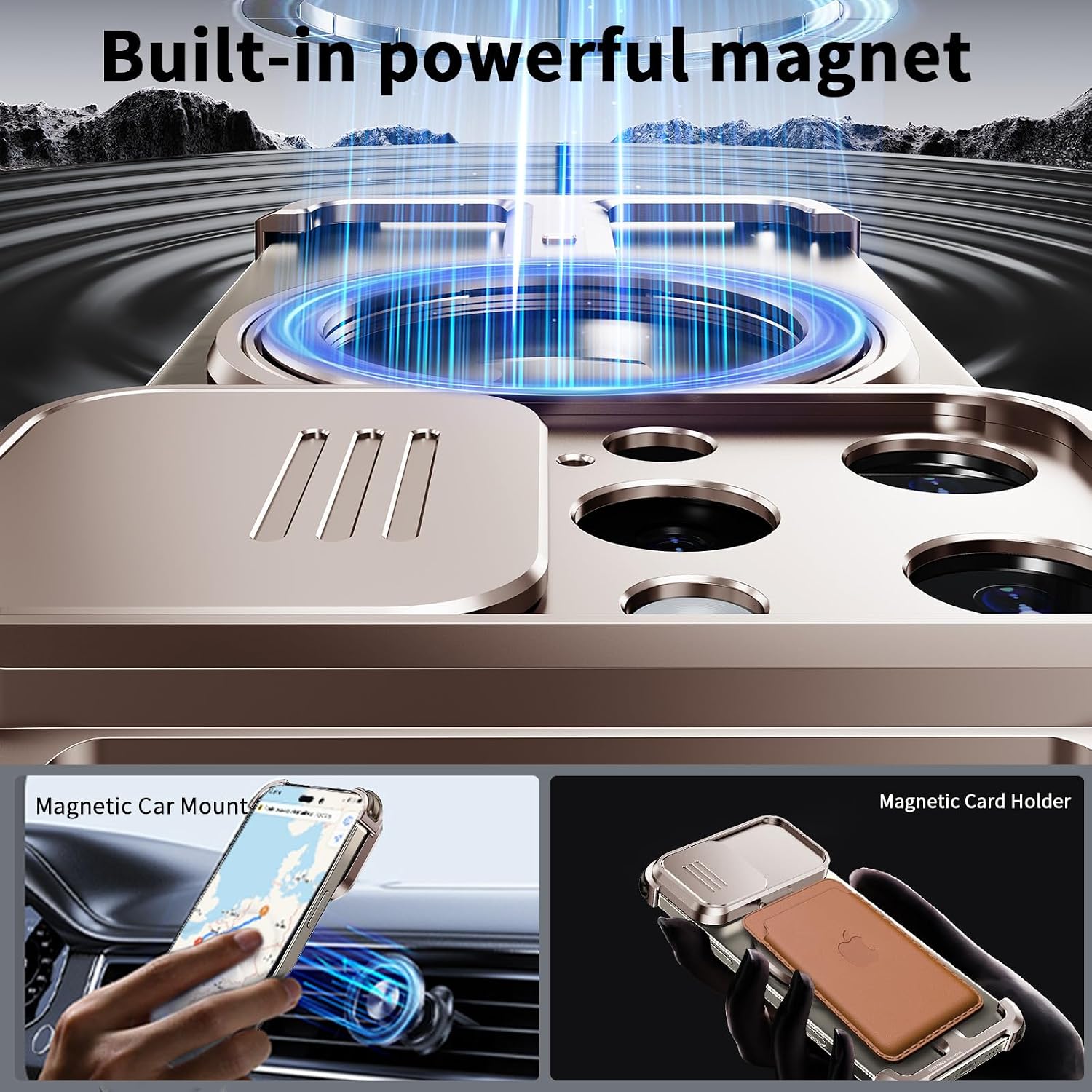 for iPhone 16 Pro Max Phone Case with Slide Camera Cover,360° Rotatable Magnetic Ring Kickstand,Metal Frameless Military Grade Drop Protection Shockproof Cases,Desert Titanium