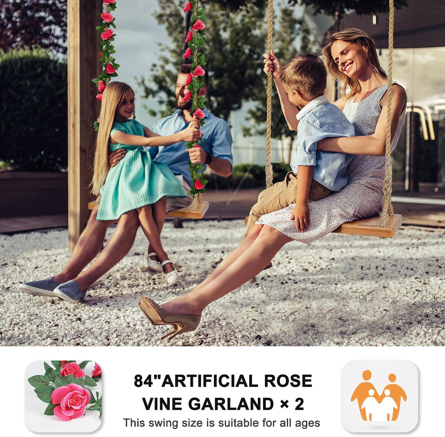 Hanging Wooden Swing, 24"x 8"x 1.2" Tree Swing for Adults Kids, Adjustable Thick Nylon Rope Plus Tree Straps 10.61FT, Wood Swing Set with Rose Garland for Indoor & Outdoor