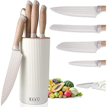 Knife Block with Knife Sharp Knife Set 6-Piece Knife Set Including 3 Kitchen Knives 1 Bread Knife 1 Scissors and Universal Knife Block Multi Kitchen Set Suitable for Meat Vegetables and Fruit Khaki