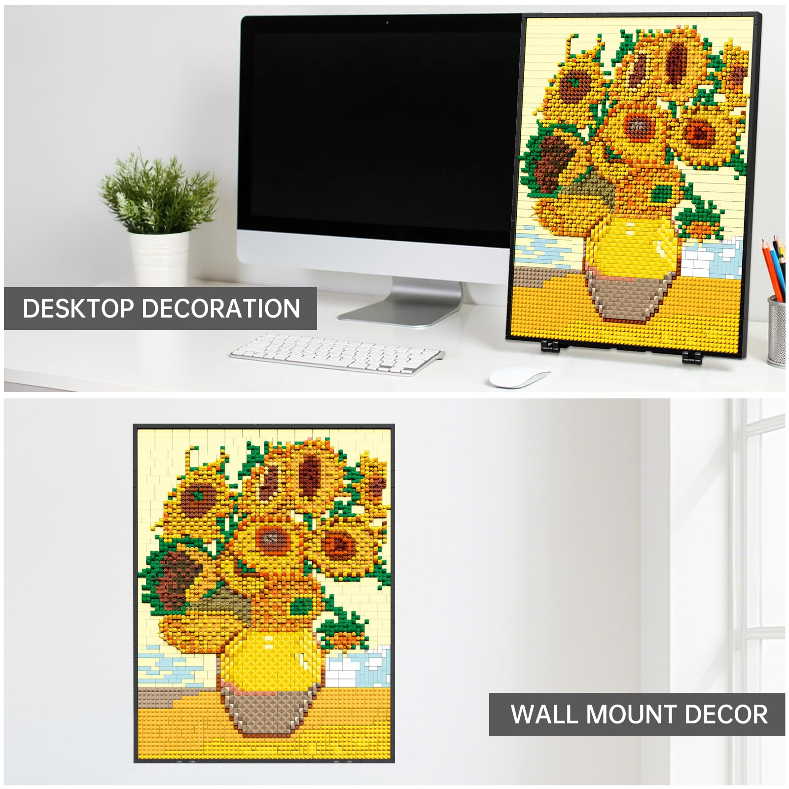 HJPLPXH Pixel Sunflower Painting Frame Art Crafts for Home Office Decor Micro Mini Building Block Art Model - Image 3