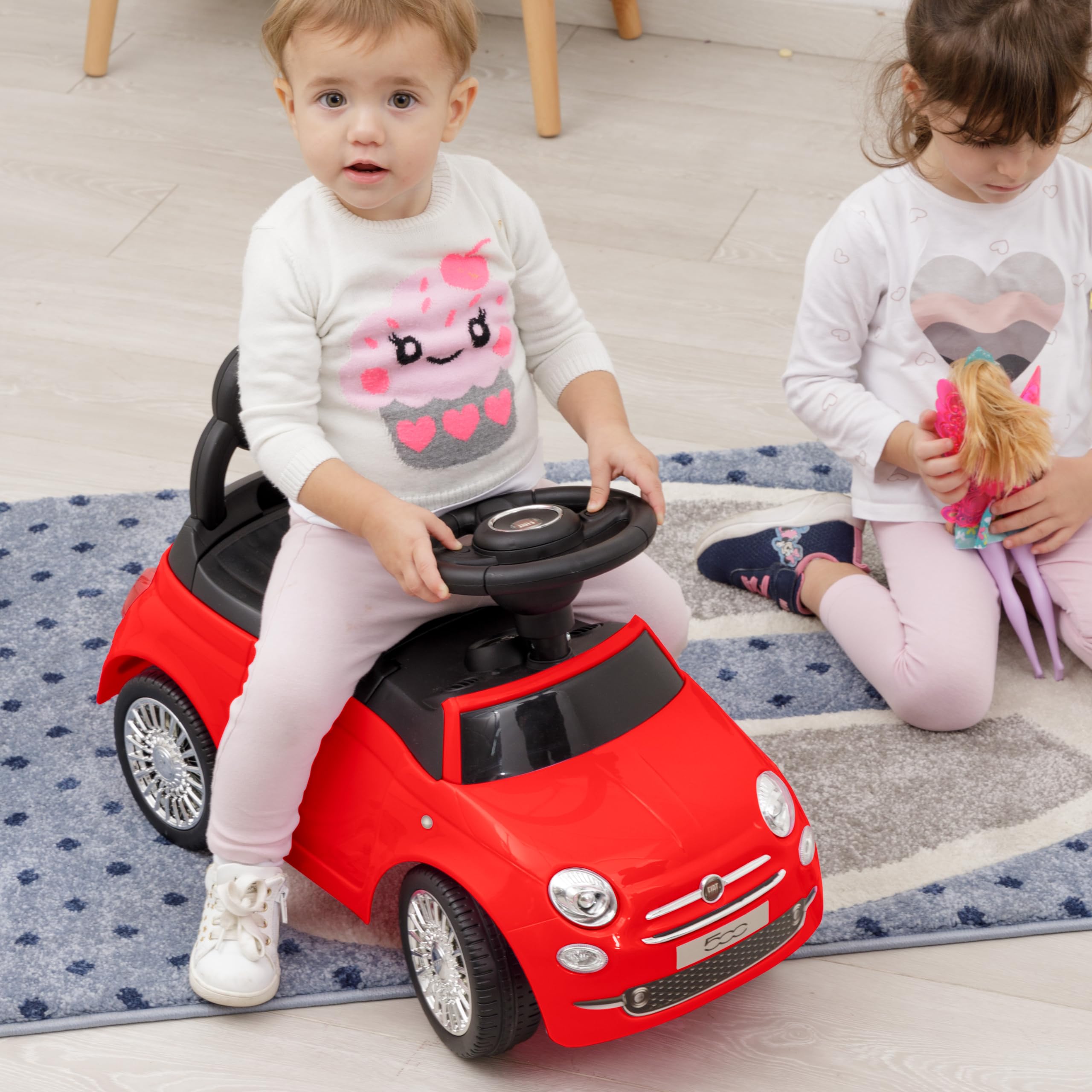 Baroni Toys Macchinina Fiat 500 Cavalcabile Bambini dai 12 ai 36 Mesi, Volante con Clacson e Suoni, Vano Portaoggetti e Schienale, Auto Bambino Bambina per Imparare a Camminare, Rosso, 28x60x23 cm