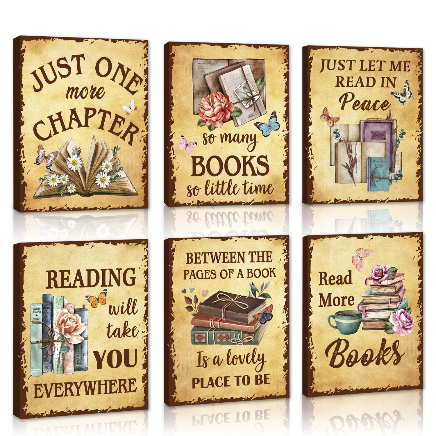 CHDITB Literary Book Quotes Canvas Wall Art, Vintage Reading Theme Wall Decor, Botanical Floral Bookish Framed Poster, Read Books Artwork, Retro Inspirational Prints for Library Classroom 8"x10"x6