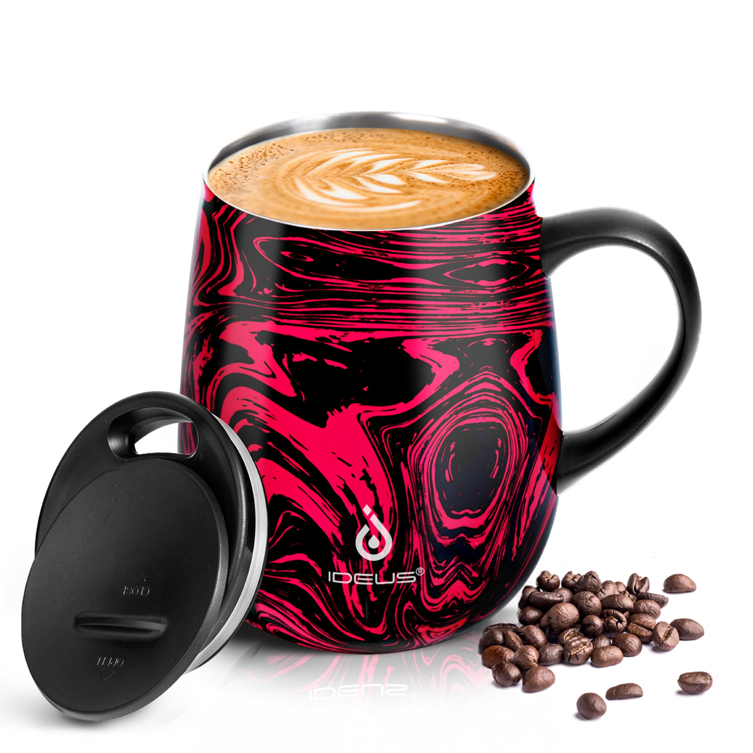 IDEUS Koffiemok 470 ml (16 oz), dubbelwandige vacuüm geïsoleerde roestvrijstalen koffie- en theekop met anti-slip handvat en schuifmodule deksel en groot volume (luipaardblauw