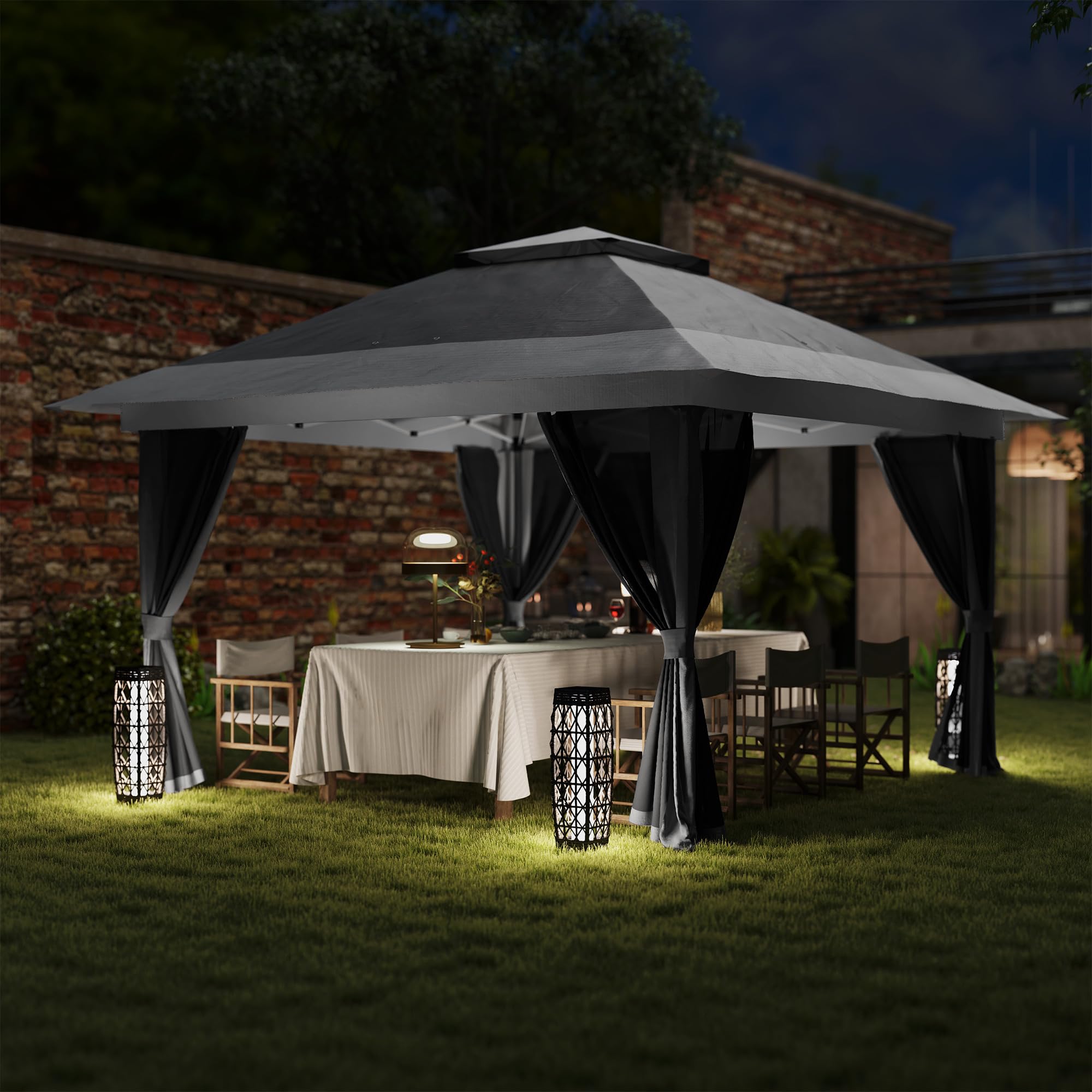 Outsunny Carpa Plegable Gazebo, 3,6x3,6 m, Cenador Plegable con 4 Paredes Laterales de Malla, Anti-UV, Altura Ajustable, Bolsa de Arena y Bolsa de Transporte, para Camping, Fiestas, Gris Oscuro