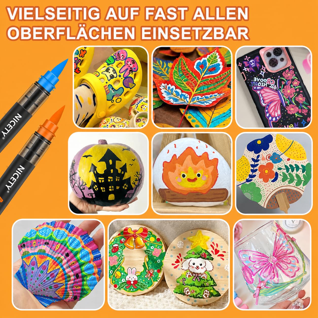 NICETY 180 Acrylstifte für Steine Wasserfest - Pinselspitze Acrylmarker für Steine, Holz, Stoff, Leinwand, Glas, Keramik, 1-6mm Multimarker Acrylfarben Marker Set
