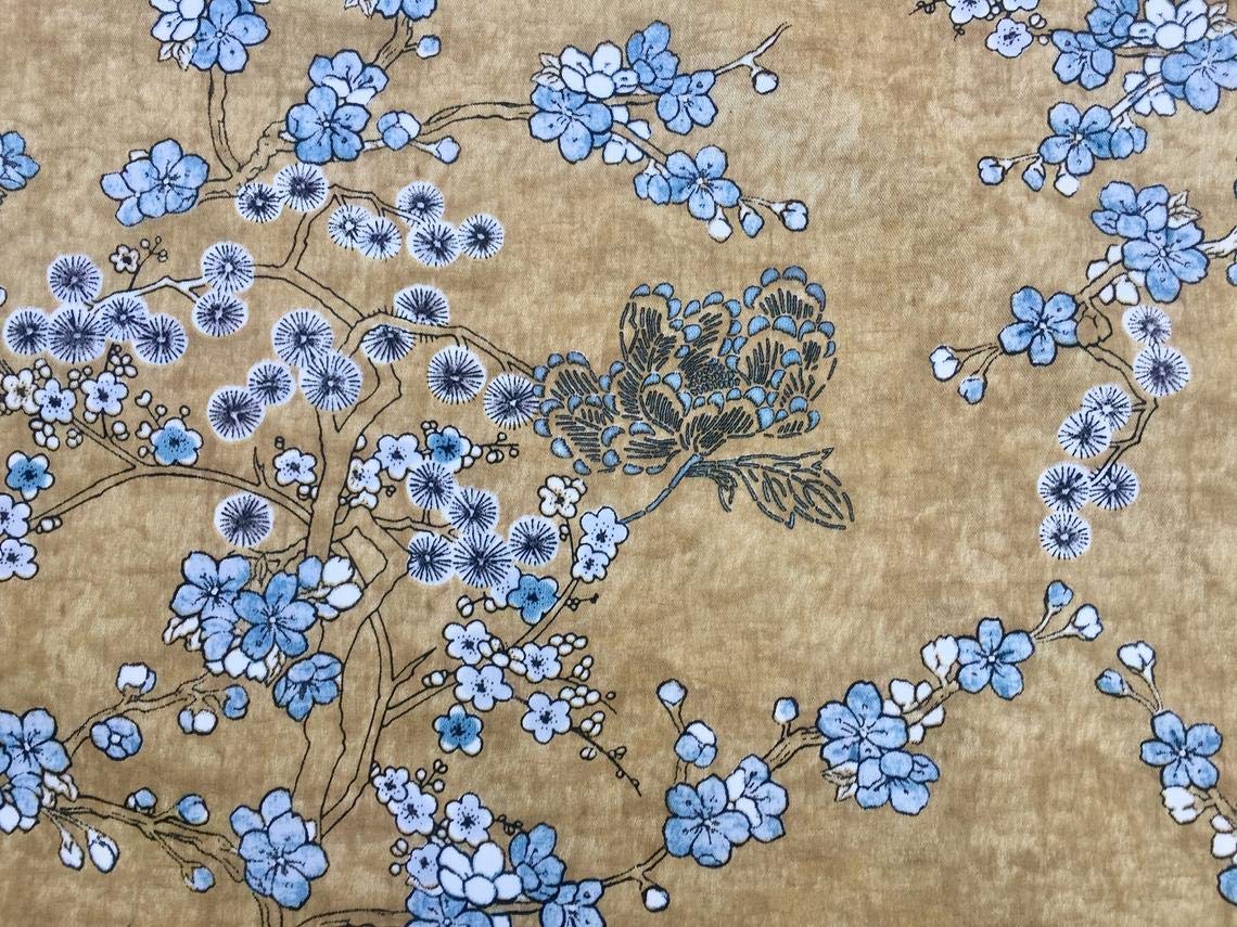 Lushfabric Mustard Japanese Sakura Blossom Cherry Floral Twill Curtain Fabric Oriental Furnishing Material - 140Cm Wide Textile (Sold By The Metre)