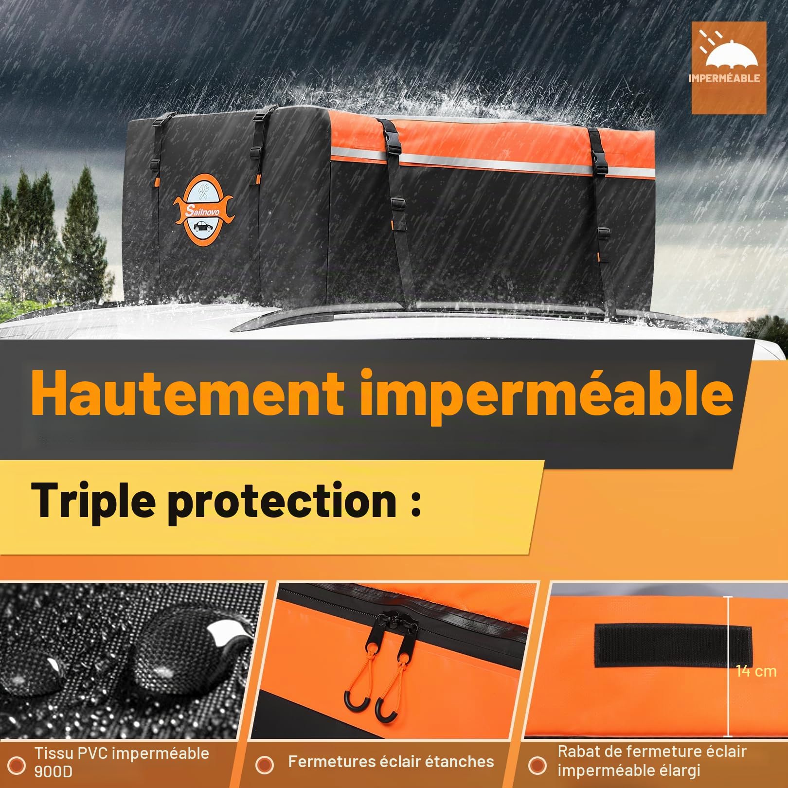 Sailnovo Coffre de Toit Voiture 425L Résistant, Sac de Toit Voiture Pliable