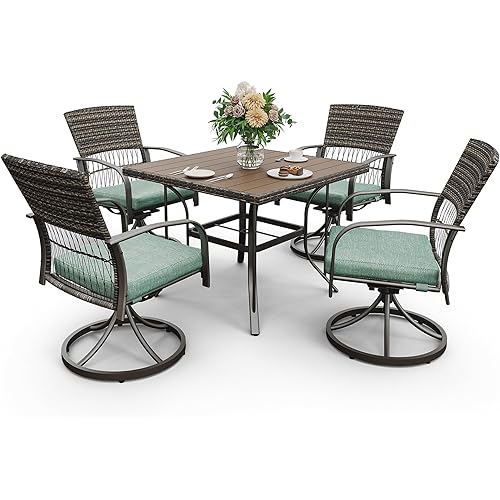 Pamapic 5 Piece Outdoor Dining Set, Rattan Outdoor Patio Furniture Set for Deck Backyard with Plastic-Wood Outdoor Dining Table, 4 Swivel Outdoor Dining Chairs and Removable Cushions (Green)