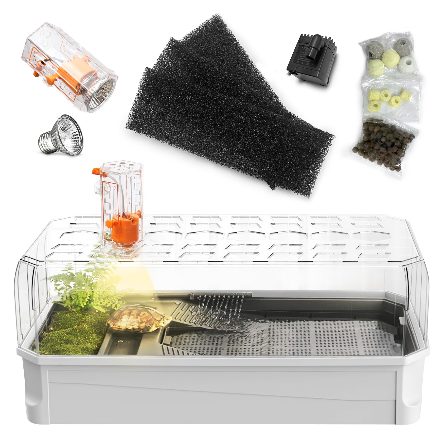 Small Turtle Tank Kit, Turtle Cage with Lid, Heat Lamp, Basking Platform, Aquatic Tortoise Enclosure, Bottom Filter, Drainage, Multi Function Areas for Pet Turtles Crabs Crayfish Reptiles Habitat