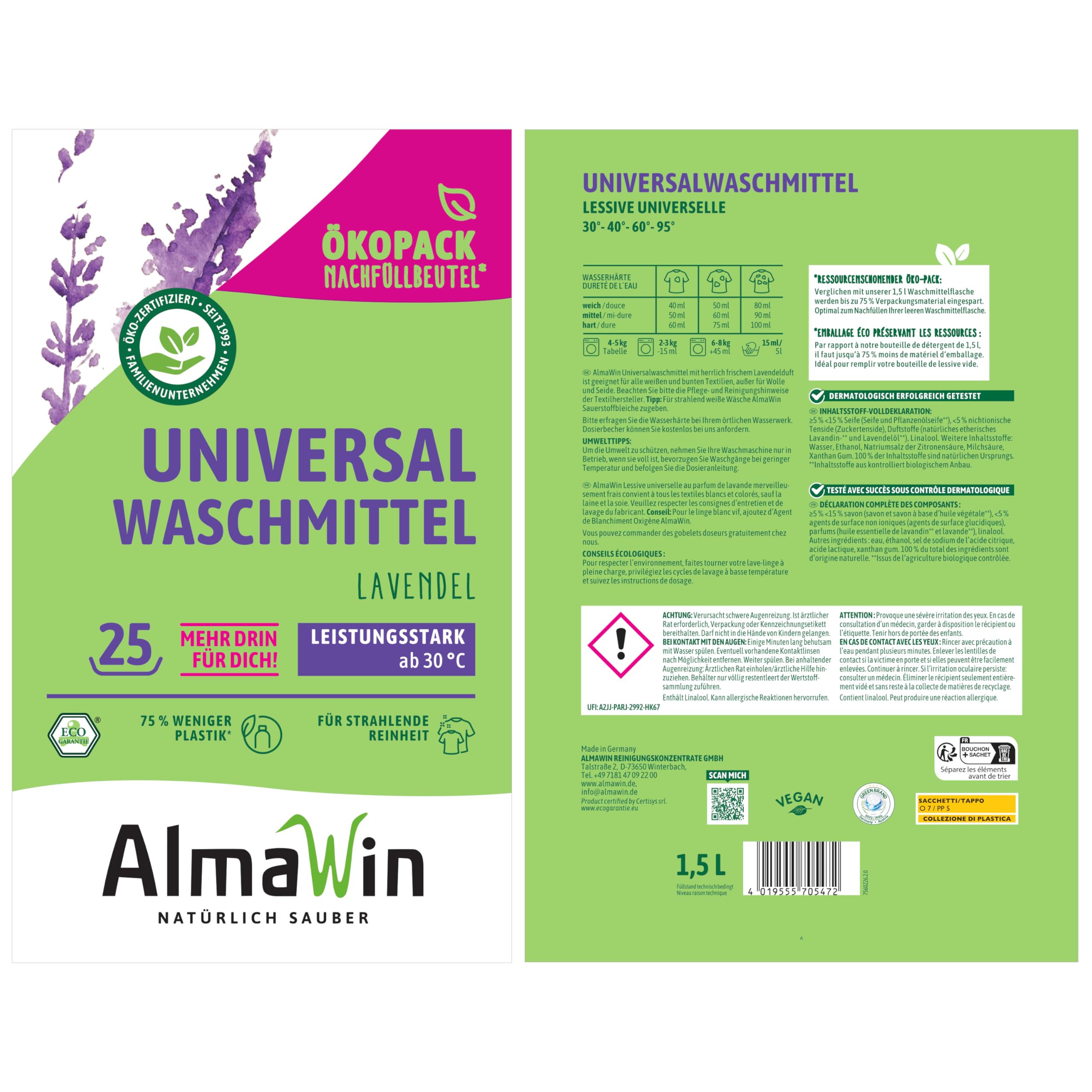 AlmaWin® Universal Waschmittel Flüssig [2x 1,5L - 50 Ladungen] mit Lavendelduft - Flüssigwaschmittel sauber ab 30°C - Waschmittel für Weißes & Buntes im Öko-Pack Nachfüllbeutel - Öko & VEGAN