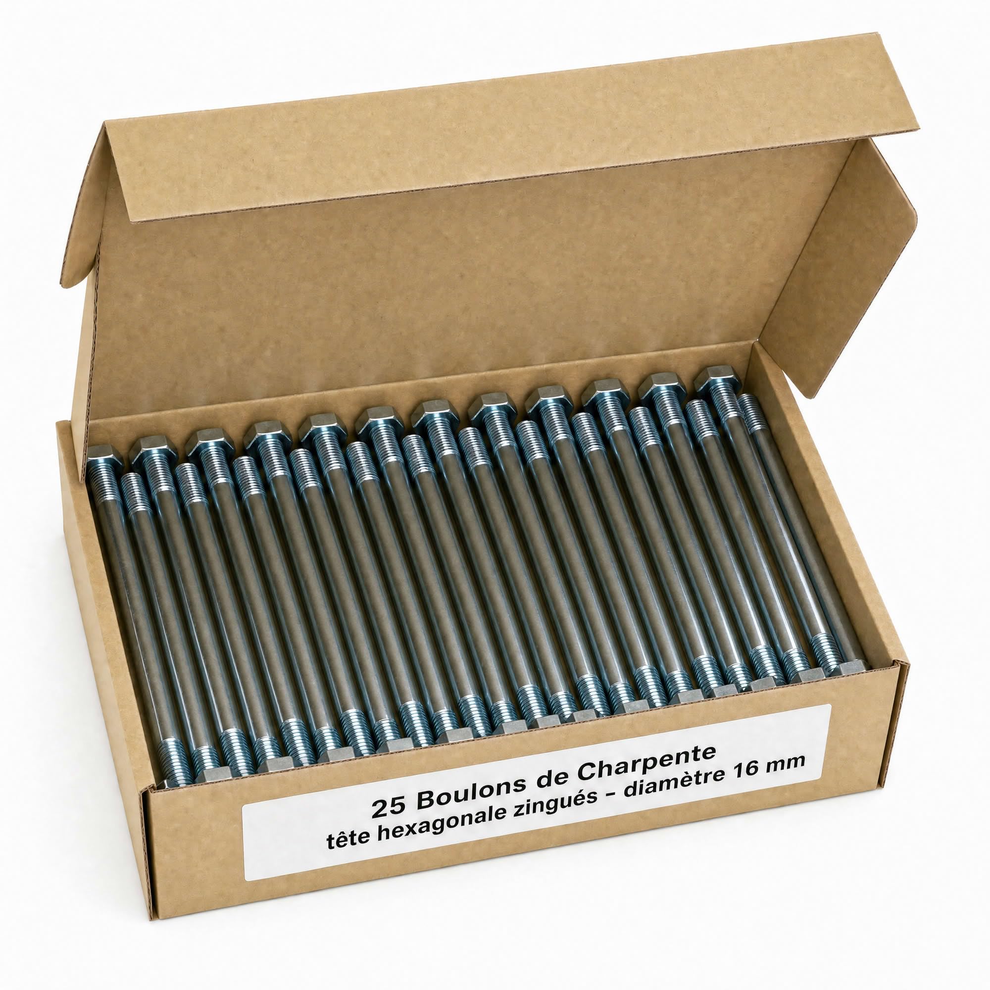 25 Boulons de Charpente tête hexagonale zingués - diamètre 16 mm - Longueur 220 mm - Diamètre 16 mm