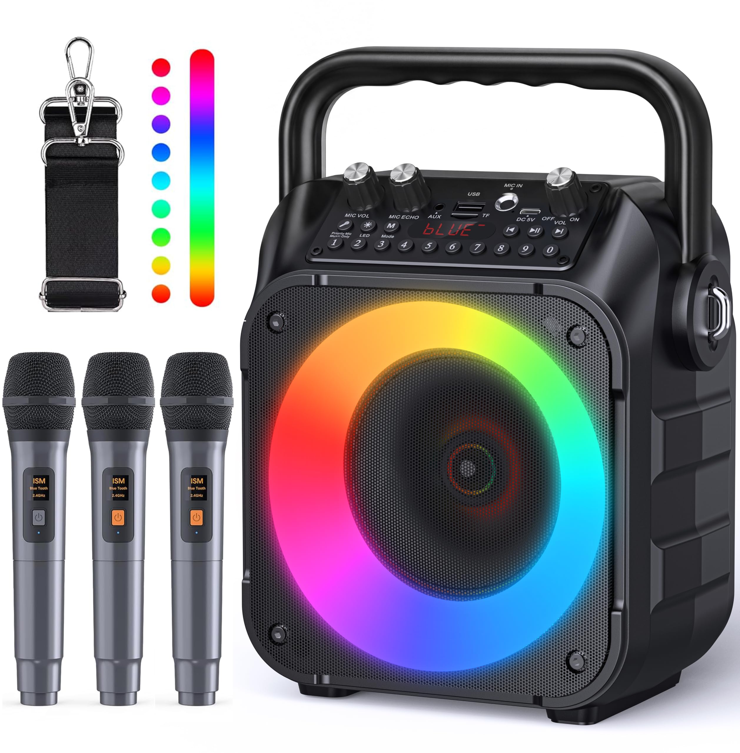 CYY Karaoke Machine, 3 Wireless Microphones, Bluetooth Speaker with Lights | Clear Sound, 5 Light Modes, PA System, Bluetooth TWS, USB/TF/REC/FM/AUX, for Adults and Kids, Home Parties and Outdoor Events