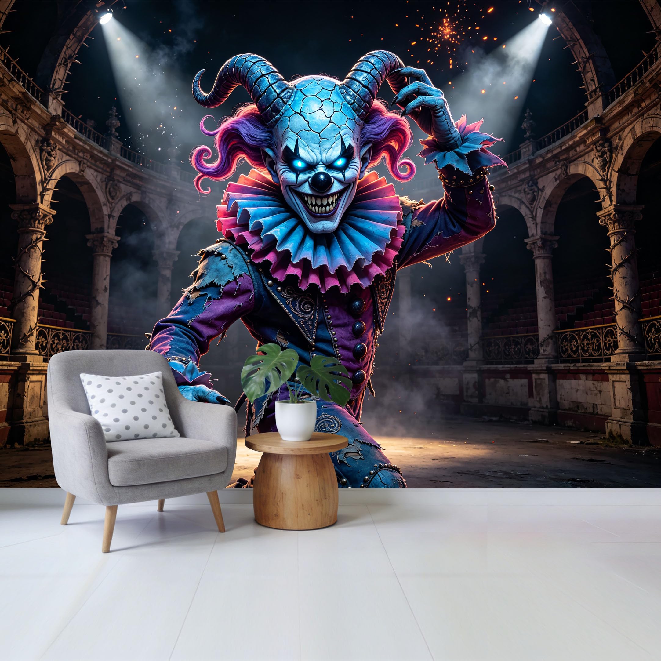 Custom Size Wall Mural Dark Fantasy Jester Stage 3D Trompe L'Oeil Removable Self Adhesive Fabric， Home Wall Decor for Living Room Bedroom Bathroom Background