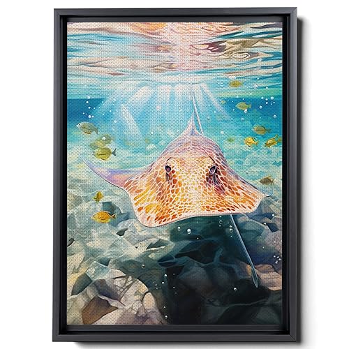 Nautical Print on Canvas for Wall Decor, Ocean Fish Manta Ray Canvas Wall Art, Beach Print for Wall Hang, Turquoise Coastal Pictures Wall Decor,