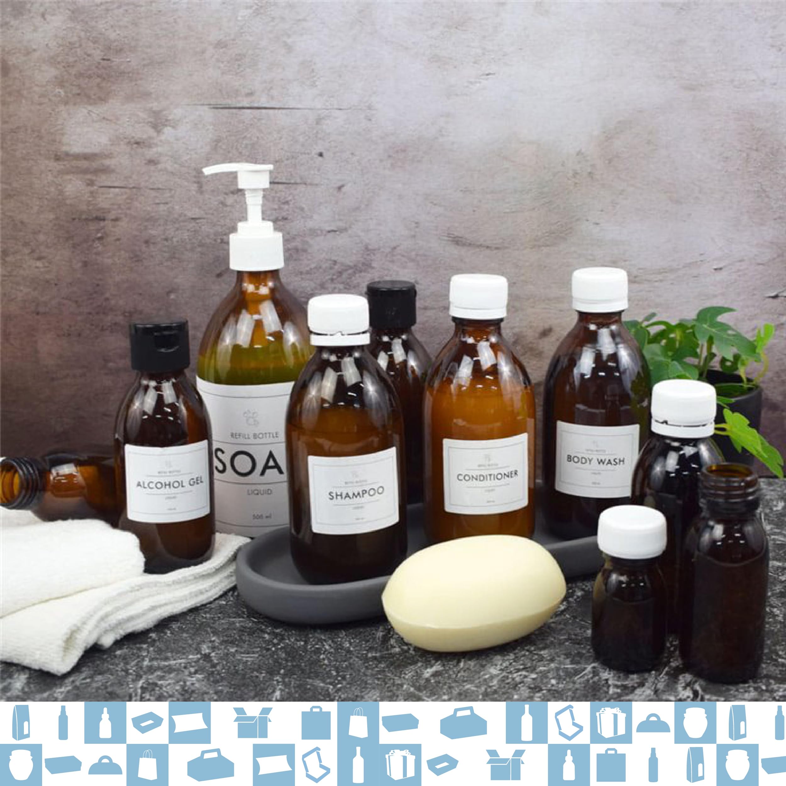 20 butelek ze szkła burszowego 125 ml z pokrywką z rozpylaczem + 20 niestandardowych etykiet - olejki eteryczne, kosmetyki, perfumy, spray do włosów - pielęgnacja skóry i włosów