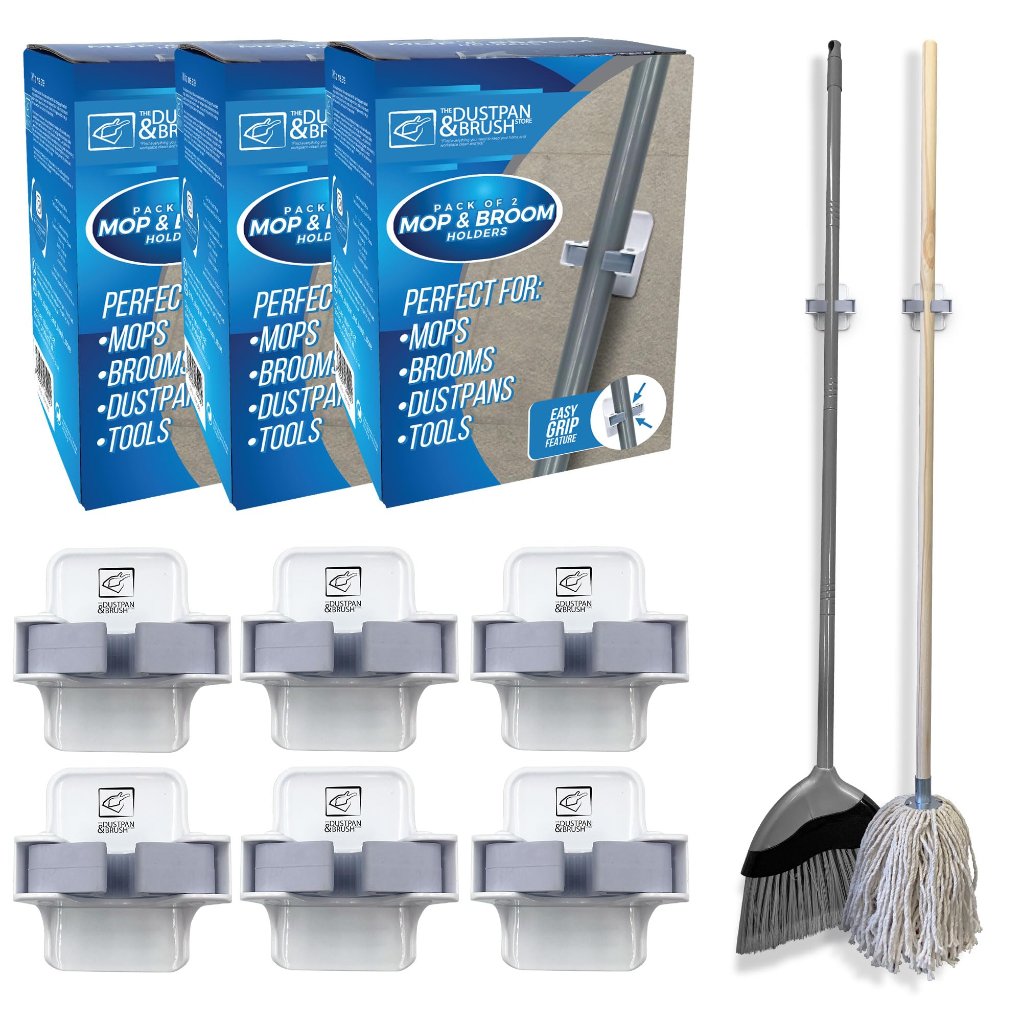 Tdbs The Dustpan And Brush Store Pack Of 3 (6 Holders) Mop & Broom Holder - Broom Holder Wall Mounted Gripper - Brush Hanger Self Adhesive - Perfect To Use On Cupboards, Bathroom, Sheds And Garage (