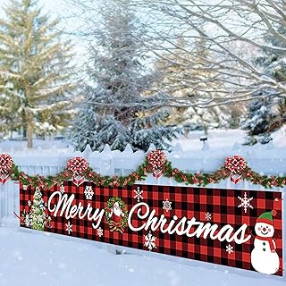 Large Merry Christmas Banner, Red Buffalo Plaid Xmas Sign 9.8 x 1.6 Feet Xmas Outdoor Indoor Hanging Decor,Xmas Sign Huge Xmas Home Party Decoration
