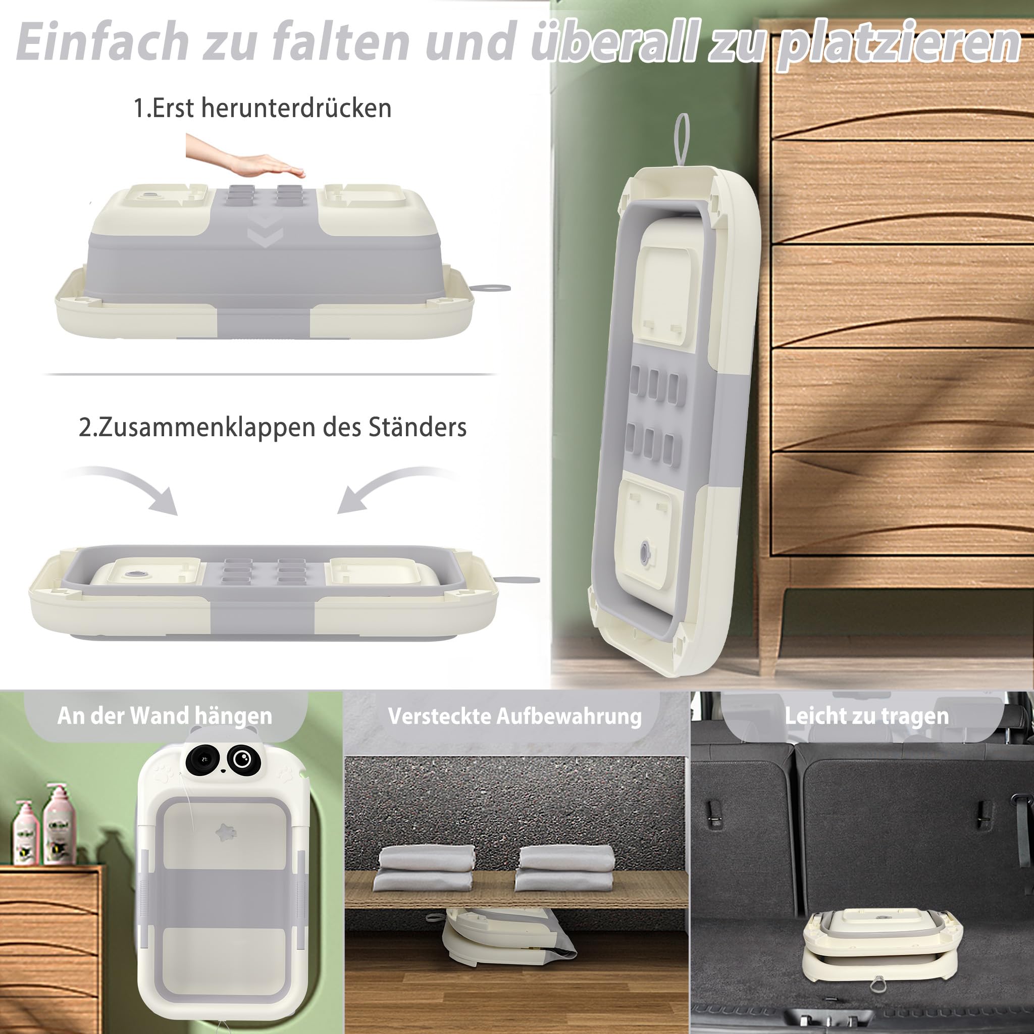 FIVMEN Baby Badewanne Faltbare Babywanne Babybadewanne mit Gestell, Thermometer und Badekissen Rutschfeste Tragbare für Neugeborene Kleinkinder, Panda