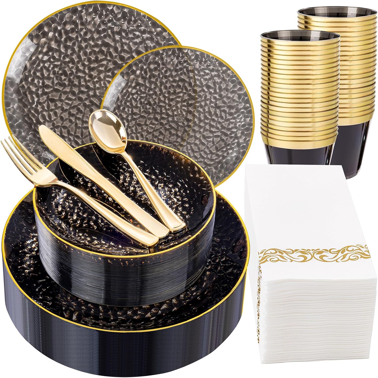 DaYammi 175PCS Clear Black and Gold Plastic Dinnerware Set for Party, Hammered Disposable Plates for Party, Include: 25 Dinner Plates, 25 Dessert Plates, 75 Gold Silverware 25 Napkins 25 Cups