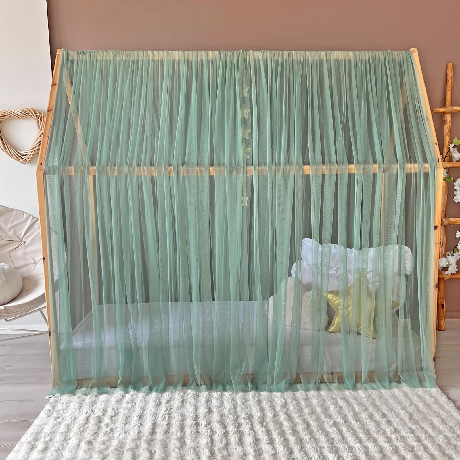 Montessori Baldachim na łóżko dziecięce dla dziewcząt i chłopców, elegancki tiulowy wystrój pokoju dziecięcego, zasłona do łóżka dla malucha z miękką drapacją, 340 cm, bez akcesoriów)